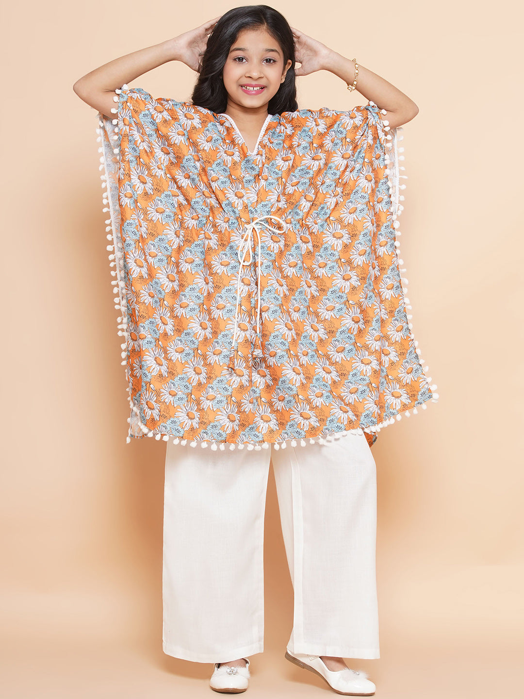 MODISH COUTURE Kid's Girl Stylish Fashionable Floral Print Kaftaan With Palazzo Set(Mustard)