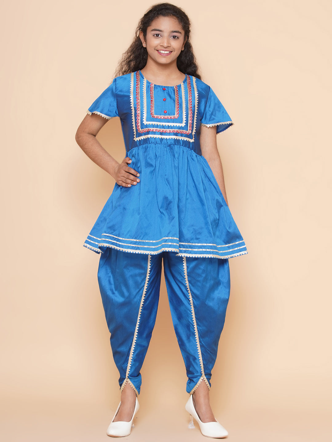 MODISH COUTURE Kid's Girl Stylish Fashionable Self Design Kurta & Tulip Pant Set (Teal)