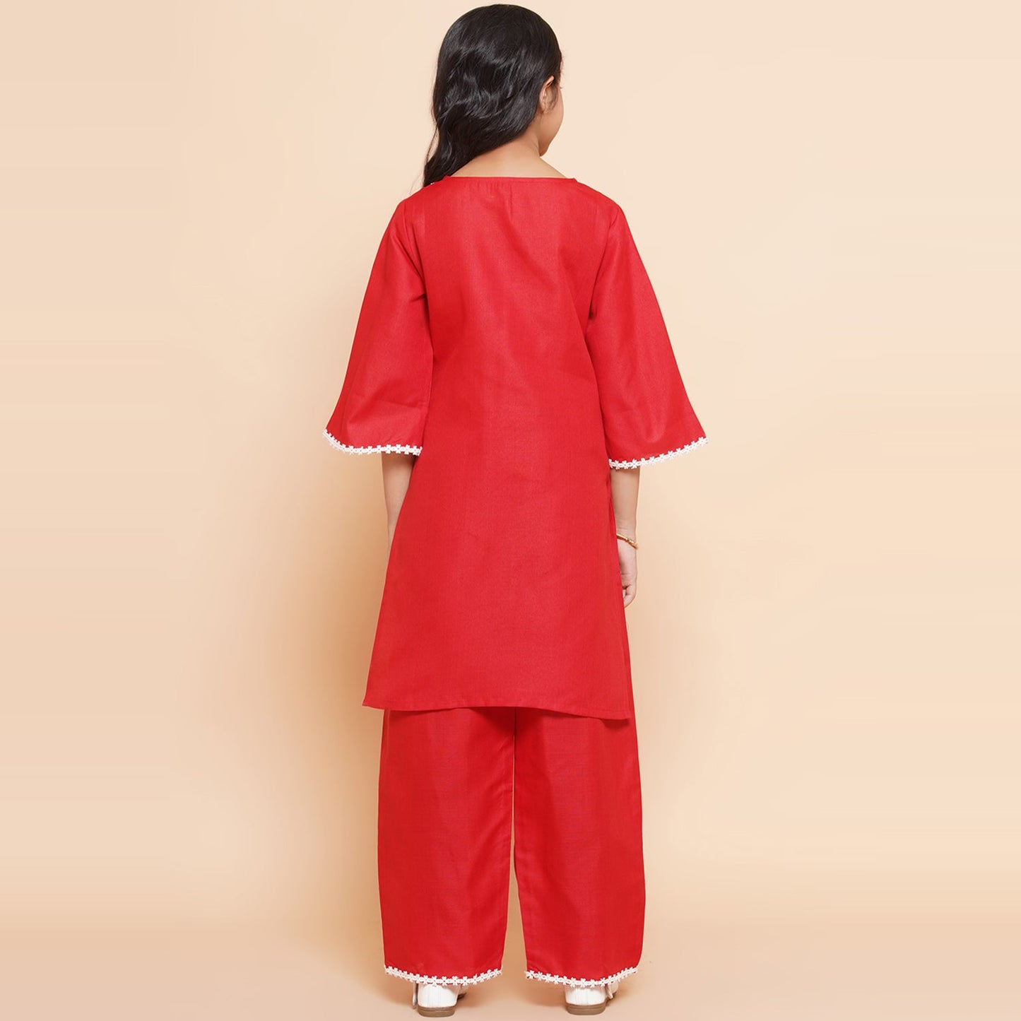 Girls Solid Straight Kurta Set(Red)
