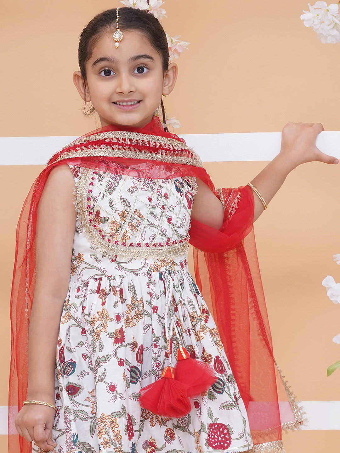 Modish couture Printed Kurta & Sharara with Dupatta (White&Red)