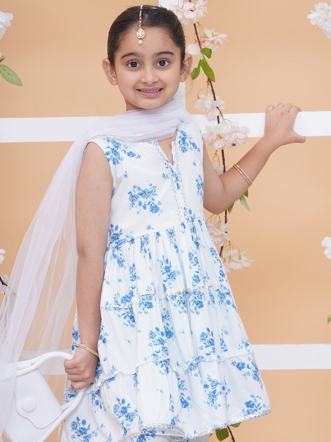 Modish couture Printed Kurta & Plazzo with Dupatta (White)