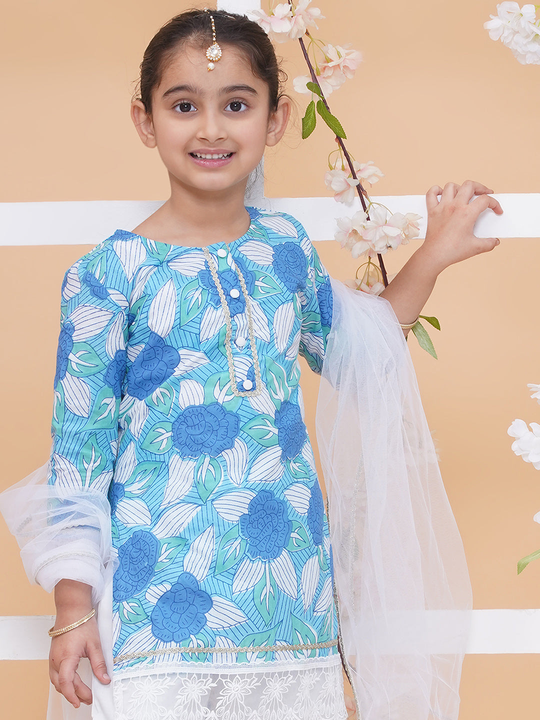 Modish couture Printed Kurta & Plazzo with Dupatta (SKYBLUE & WHITE)