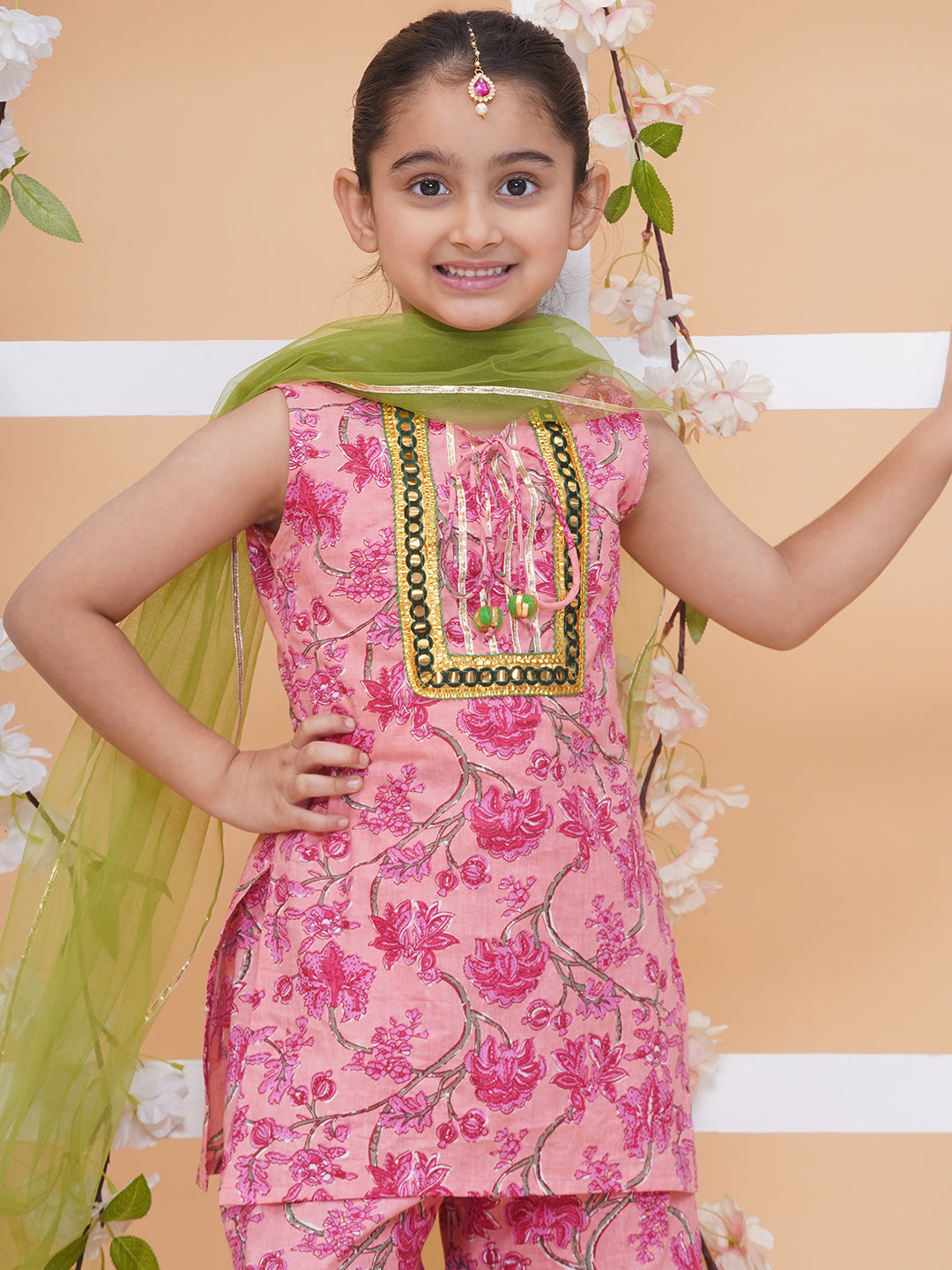 Modish couture Printed Kurta & Sharara with Dupatta (Peach)