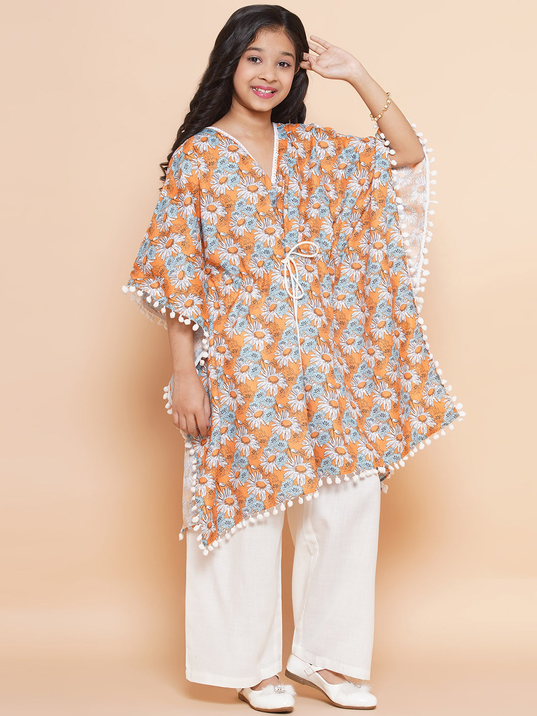 MODISH COUTURE Kid's Girl Stylish Fashionable Floral Print Kaftaan With Palazzo Set(Mustard)