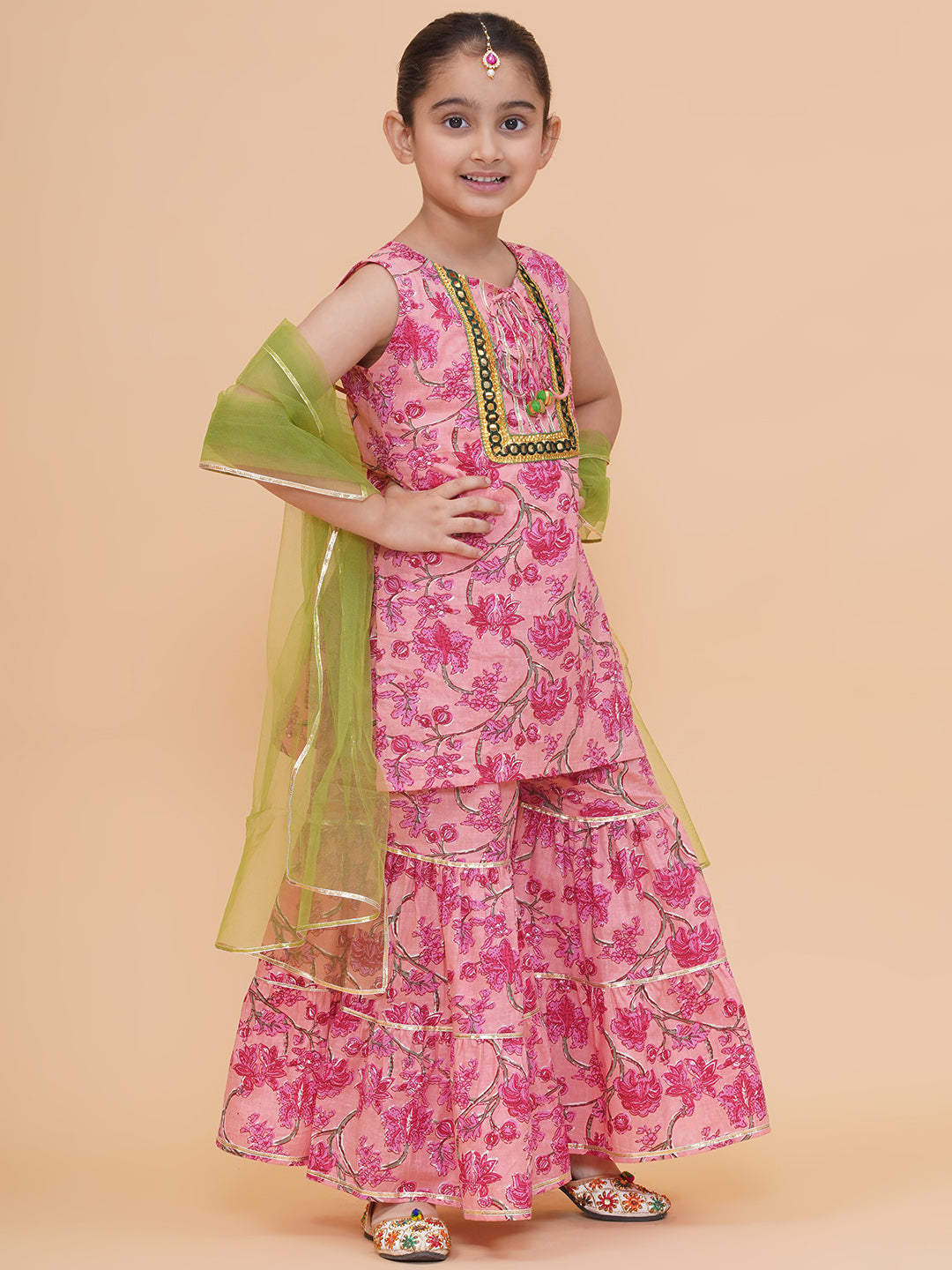 Modish couture Printed Kurta & Sharara with Dupatta (Peach)