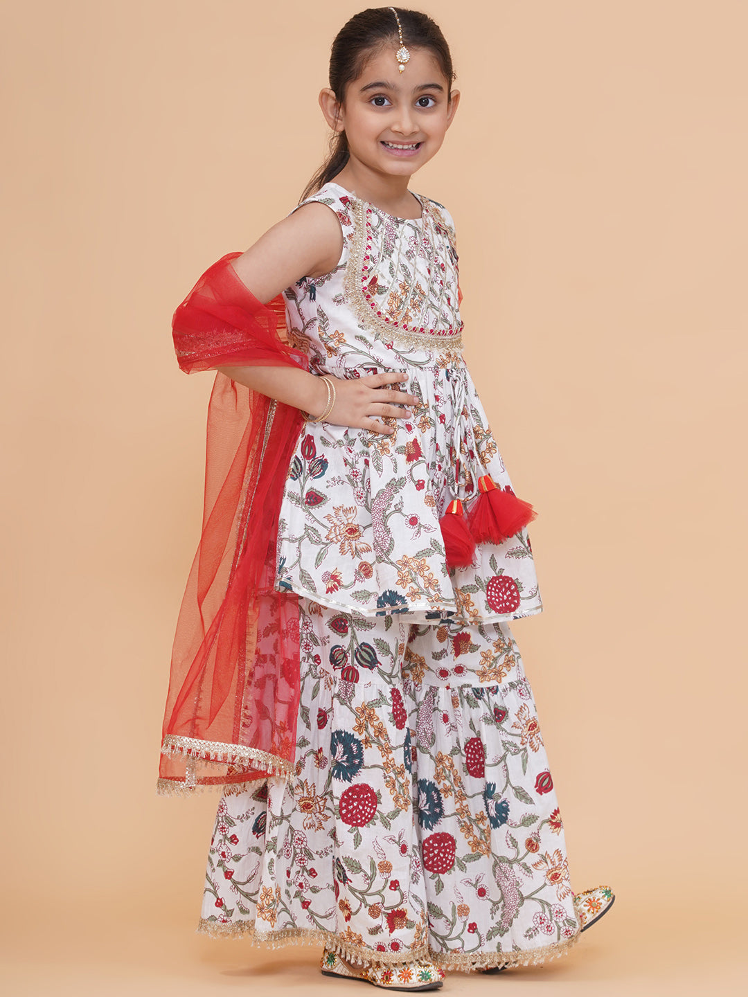 Modish couture Printed Kurta & Sharara with Dupatta (White&Red)