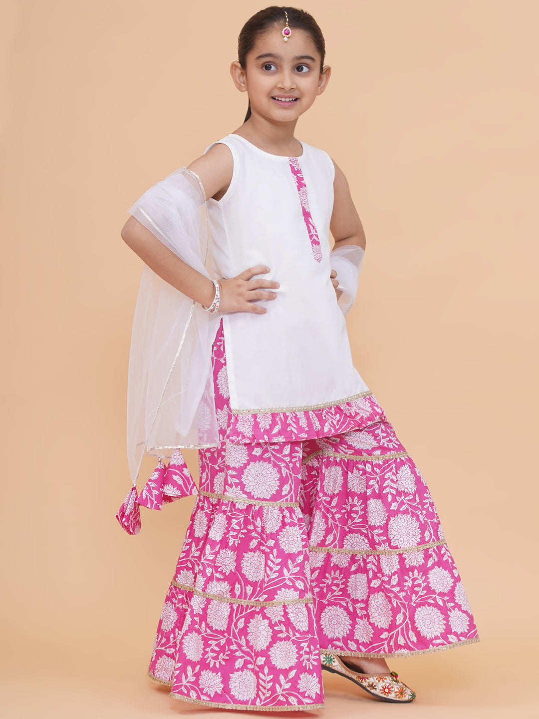 Modish couture Printed Kurta & Sharara with Dupatta (White)