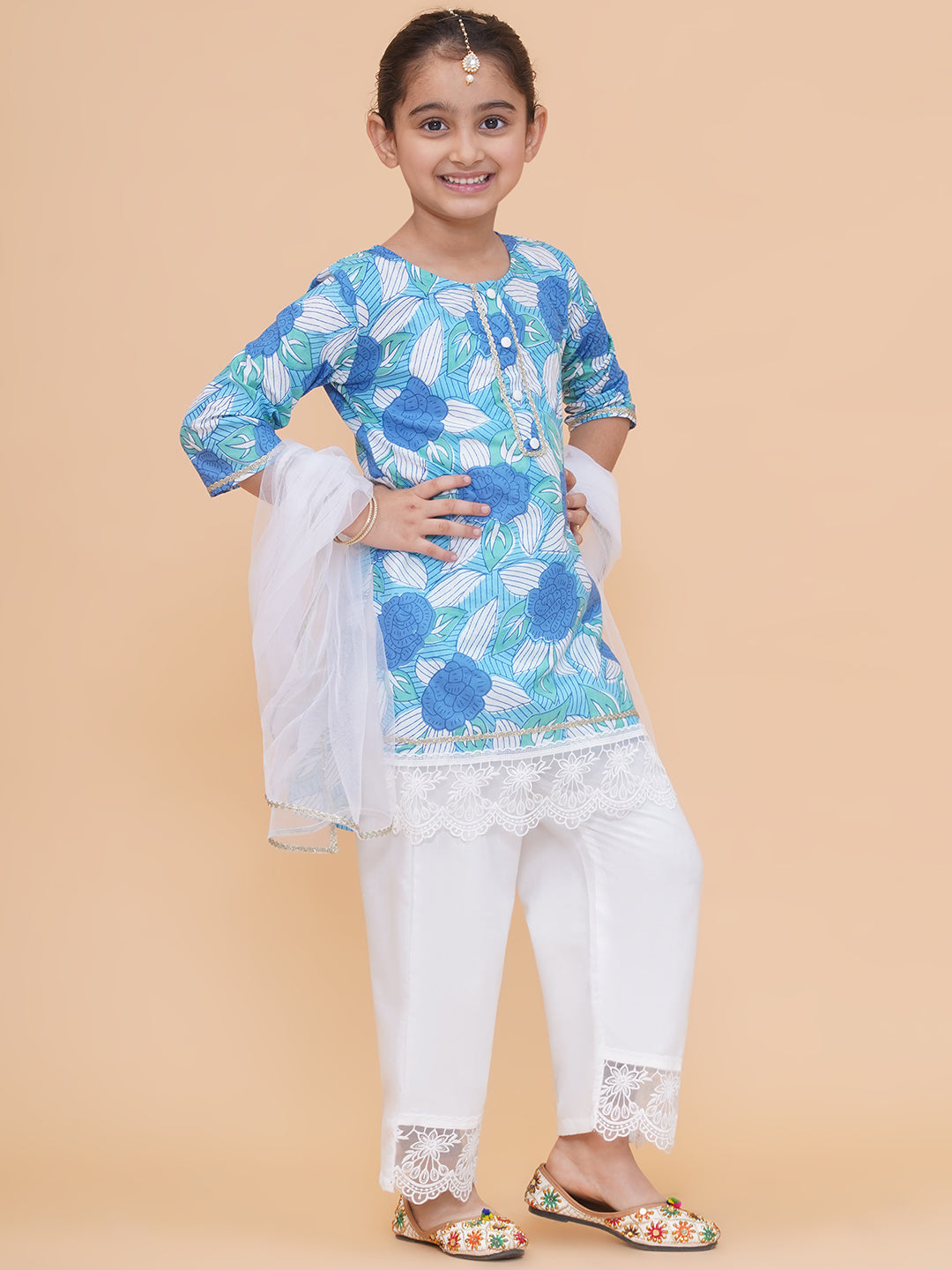 Modish couture Printed Kurta & Plazzo with Dupatta (SKYBLUE & WHITE)