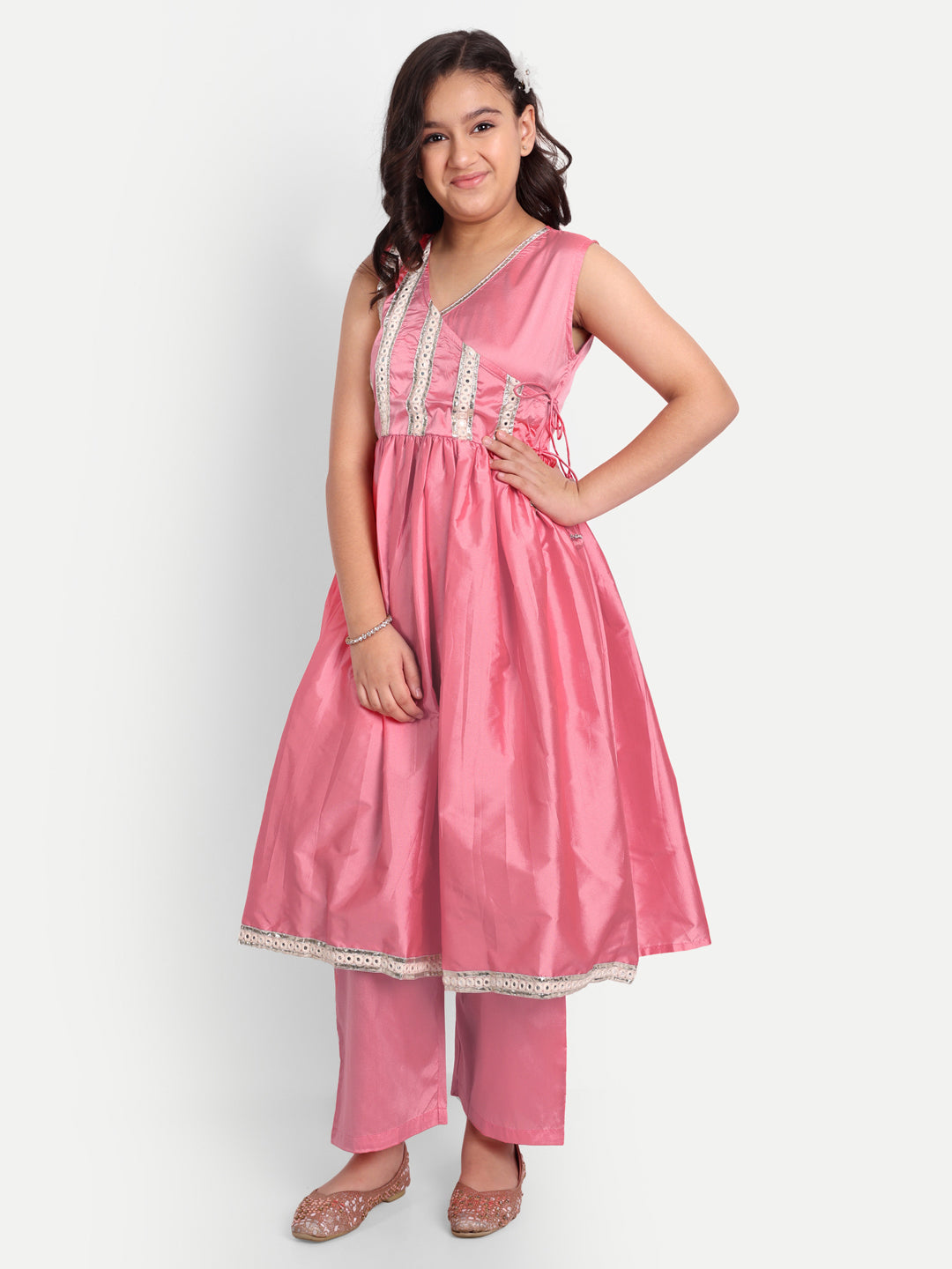 MODISH COUTURE Mirror Work Angrakha Kurta & Plazzo (Pink)