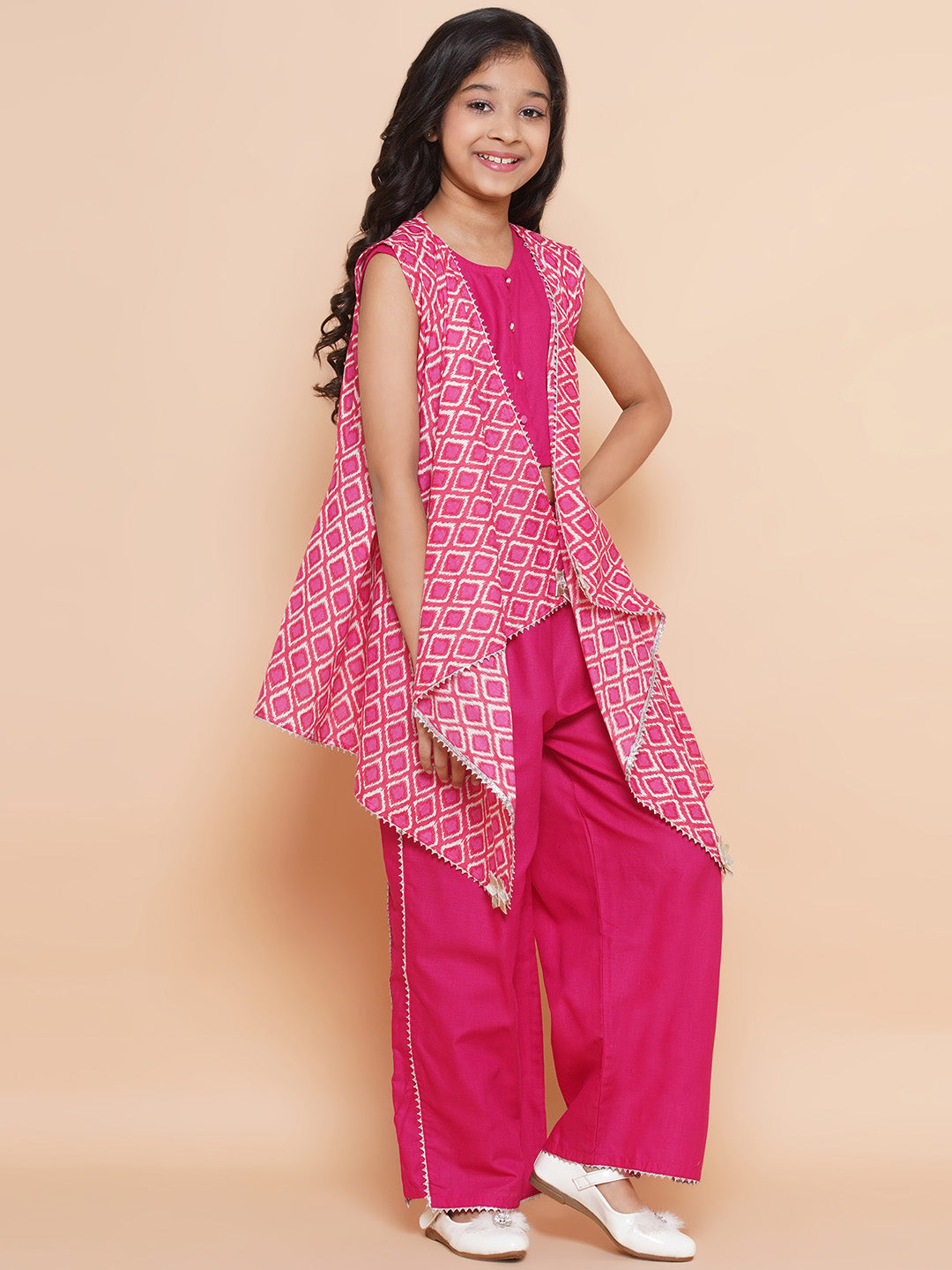 MODISH COUTURE Top & Palazzo Set With Printed Jacket(Pink)