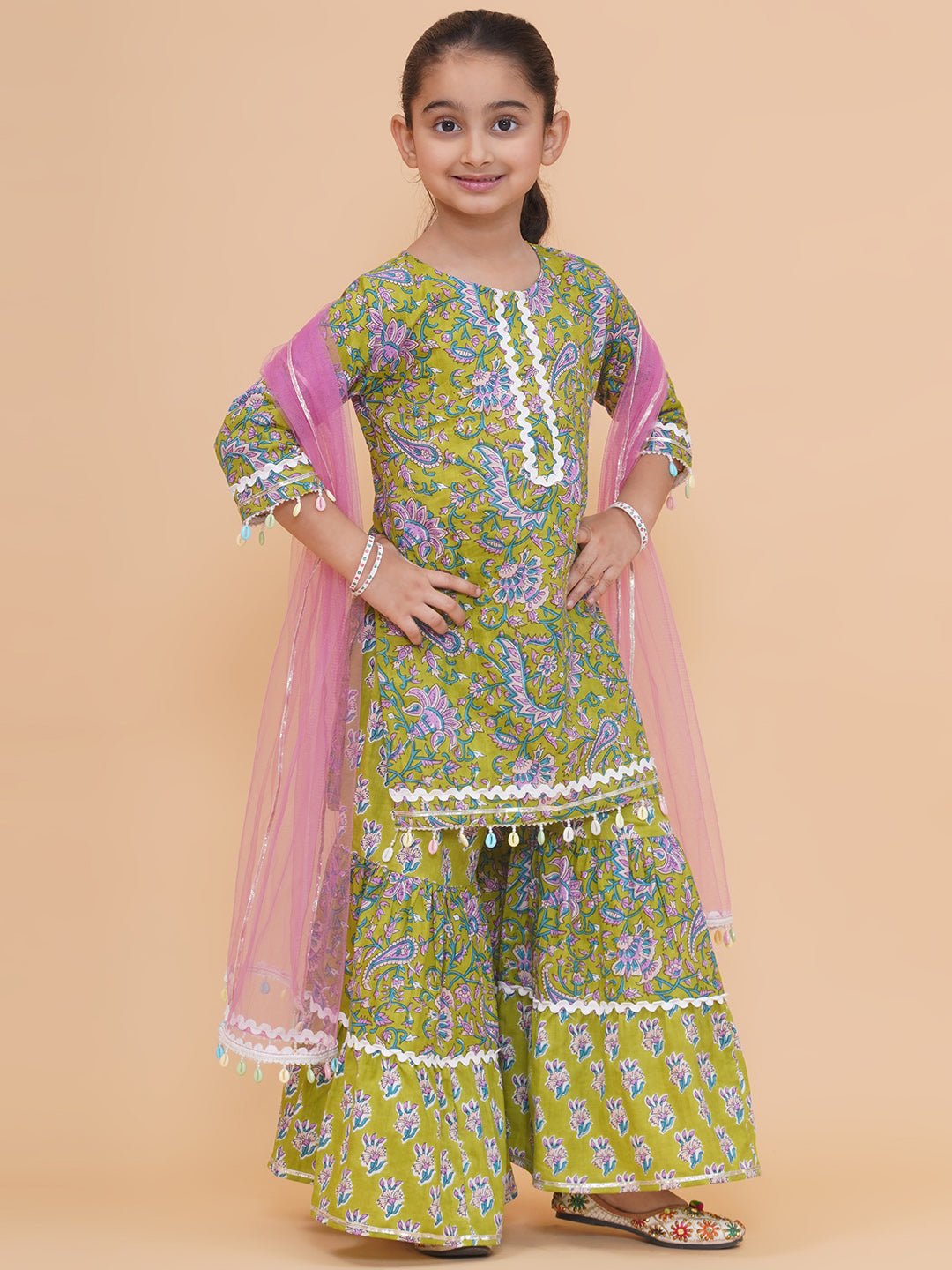 Modish couture Printed Kurta & Sharara with Dupatta (GREEN)