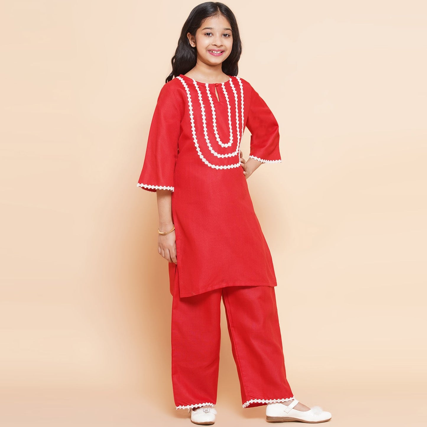 Girls Solid Straight Kurta Set(Red)