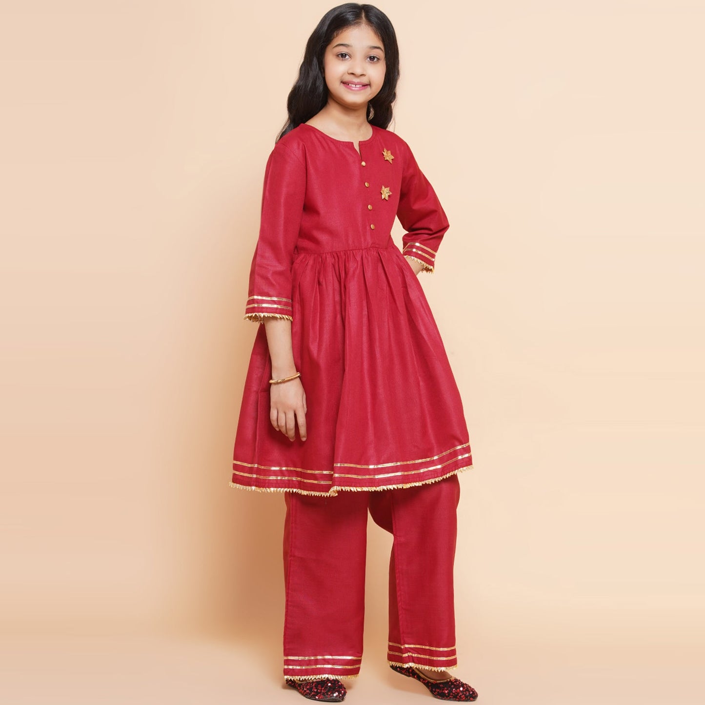 Girls Pleated Anarkali Kurta Set(Mehroon)