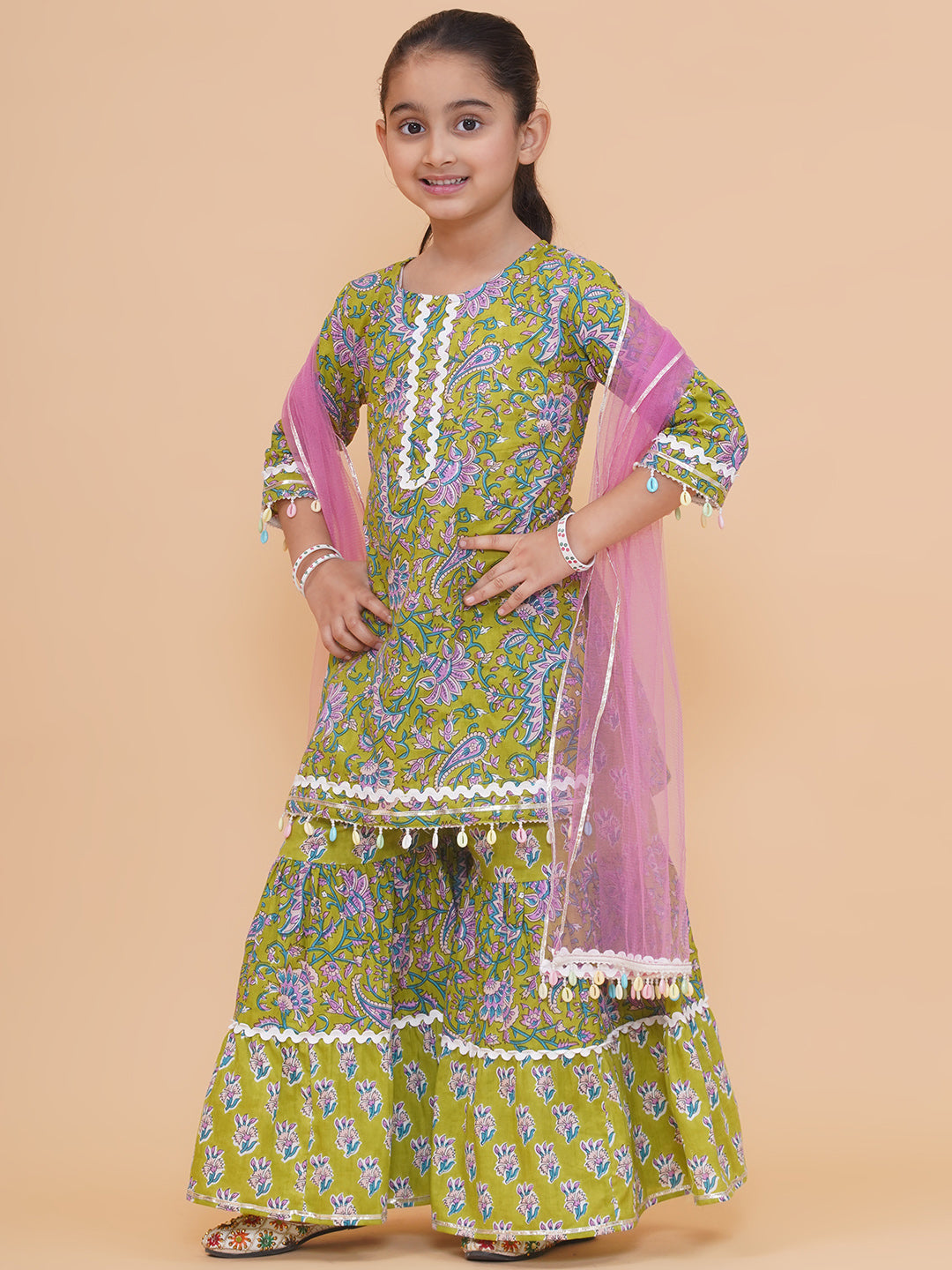 Modish couture Printed Kurta & Sharara with Dupatta (GREEN)