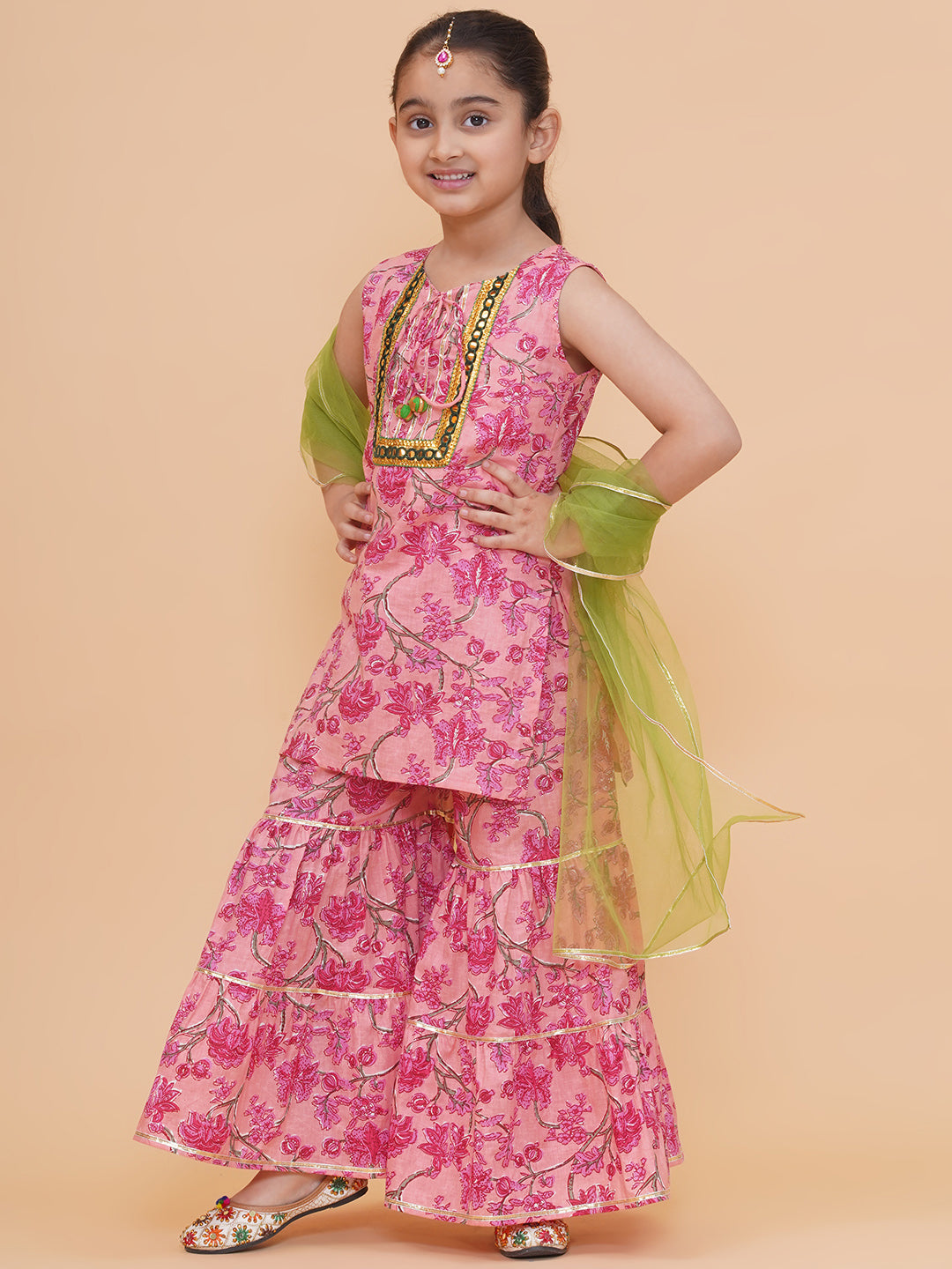 Modish couture Printed Kurta & Sharara with Dupatta (Peach)