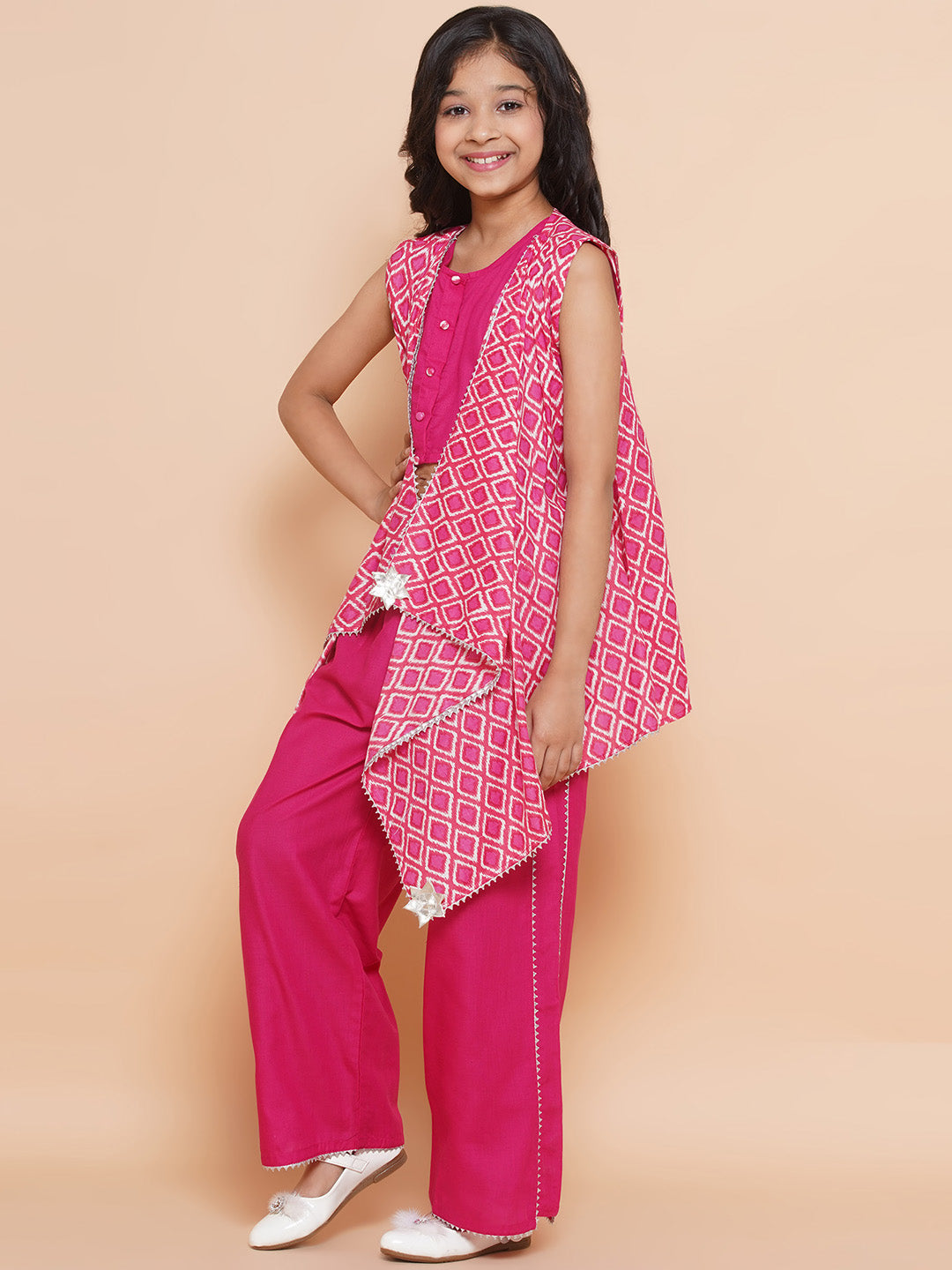 MODISH COUTURE Top & Palazzo Set With Printed Jacket(Pink)