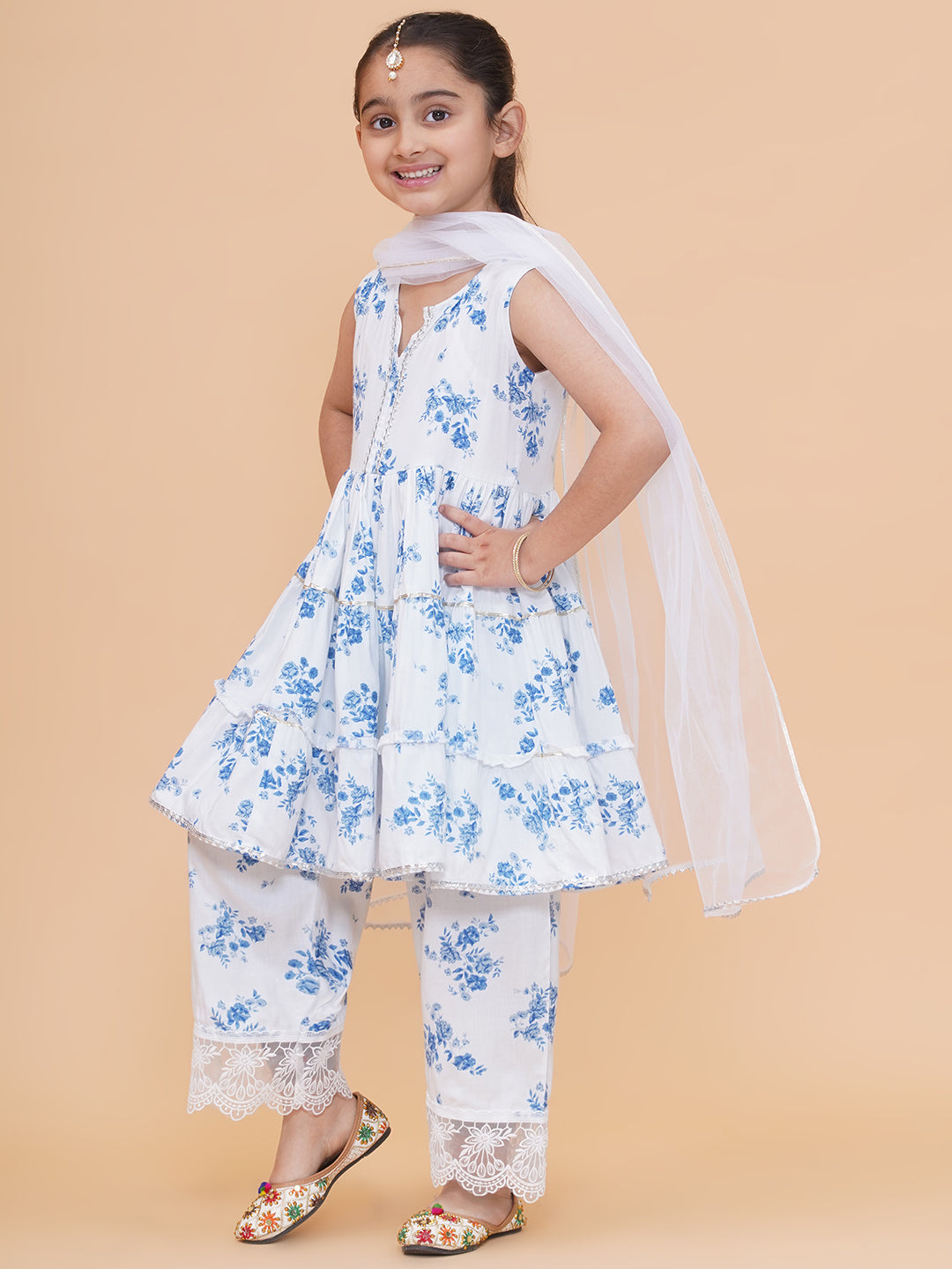 Modish couture Printed Kurta & Plazzo with Dupatta (White)