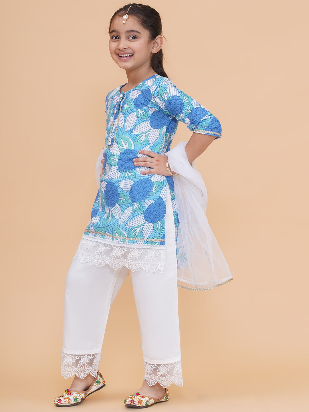Modish couture Printed Kurta & Plazzo with Dupatta (SKYBLUE & WHITE)