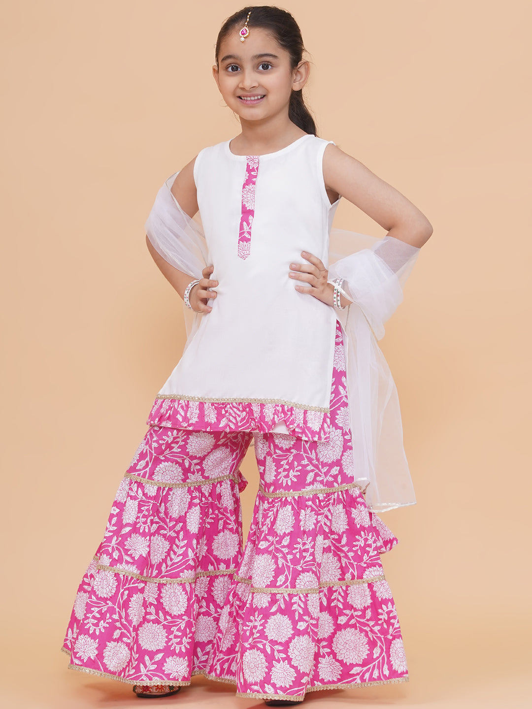 Modish couture Printed Kurta & Sharara with Dupatta (White)