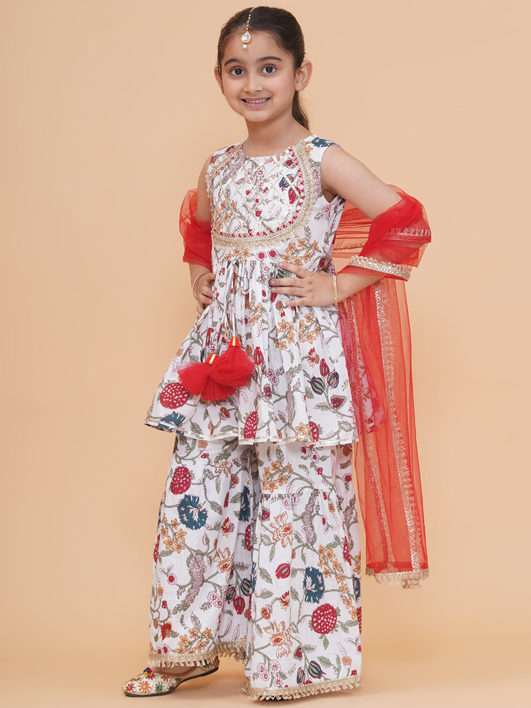 Modish couture Printed Kurta & Sharara with Dupatta (White&Red)