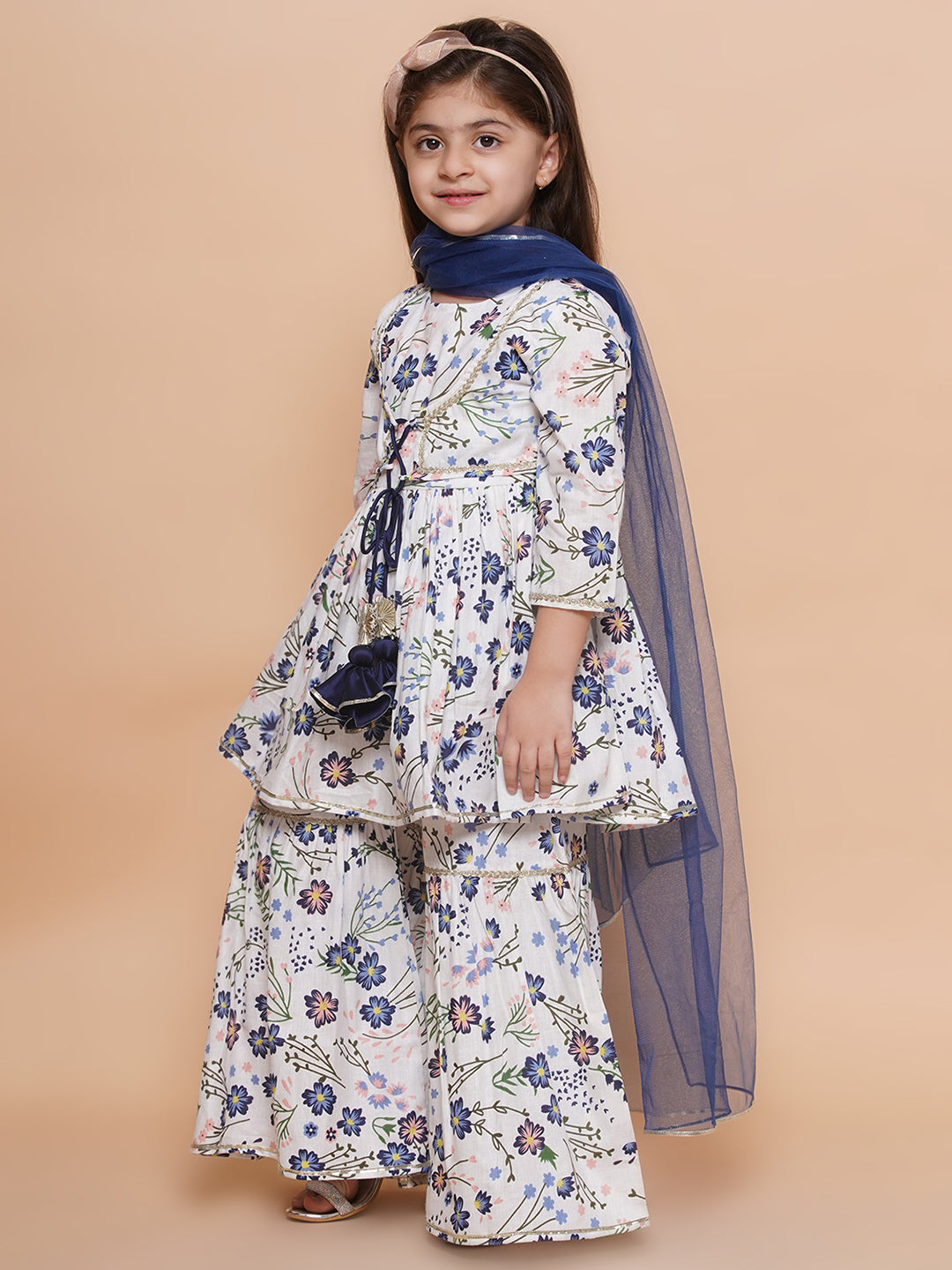 Modish couture Embellished Kurta & Sharara with Dupatta(White&Blue)