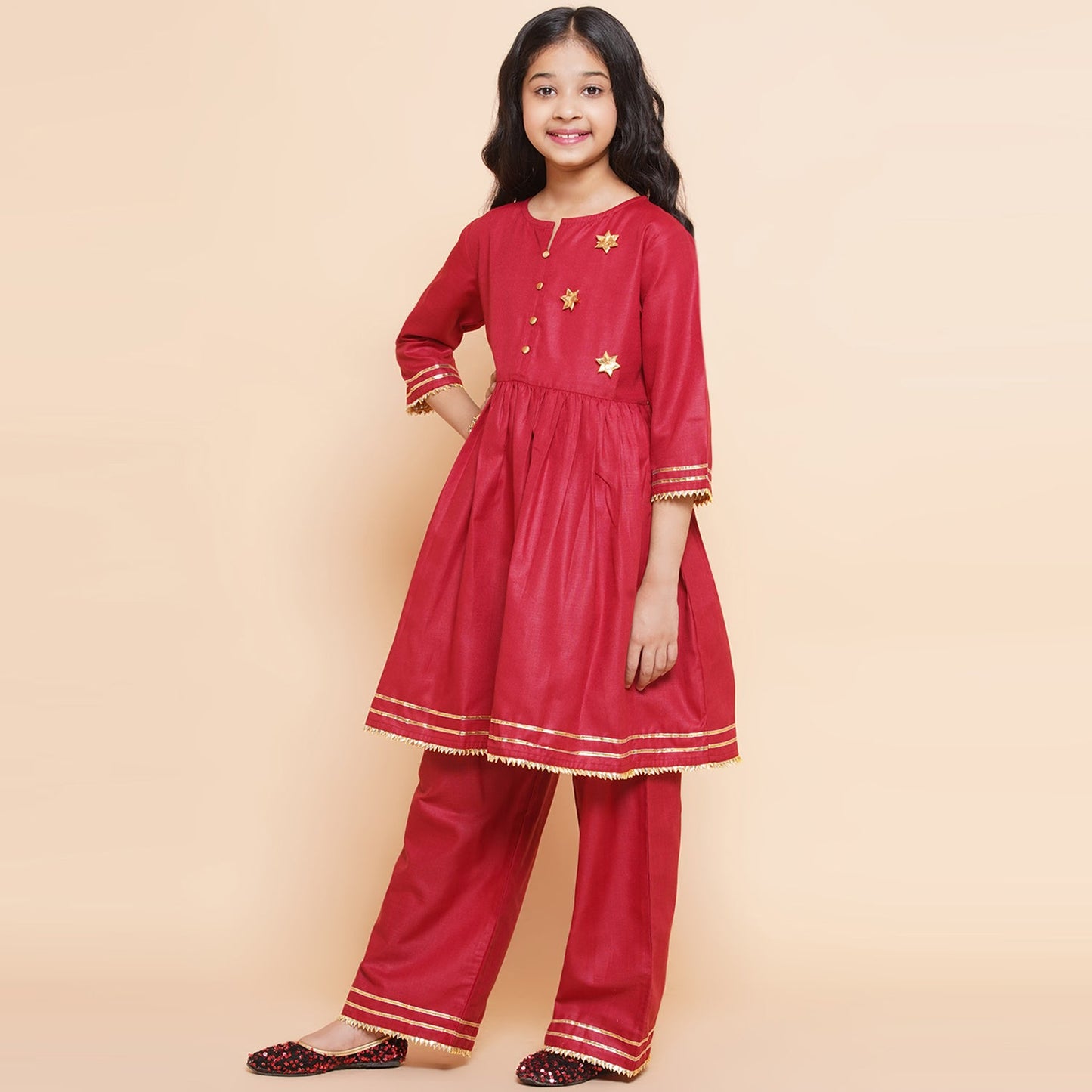 Girls Pleated Anarkali Kurta Set(Mehroon)