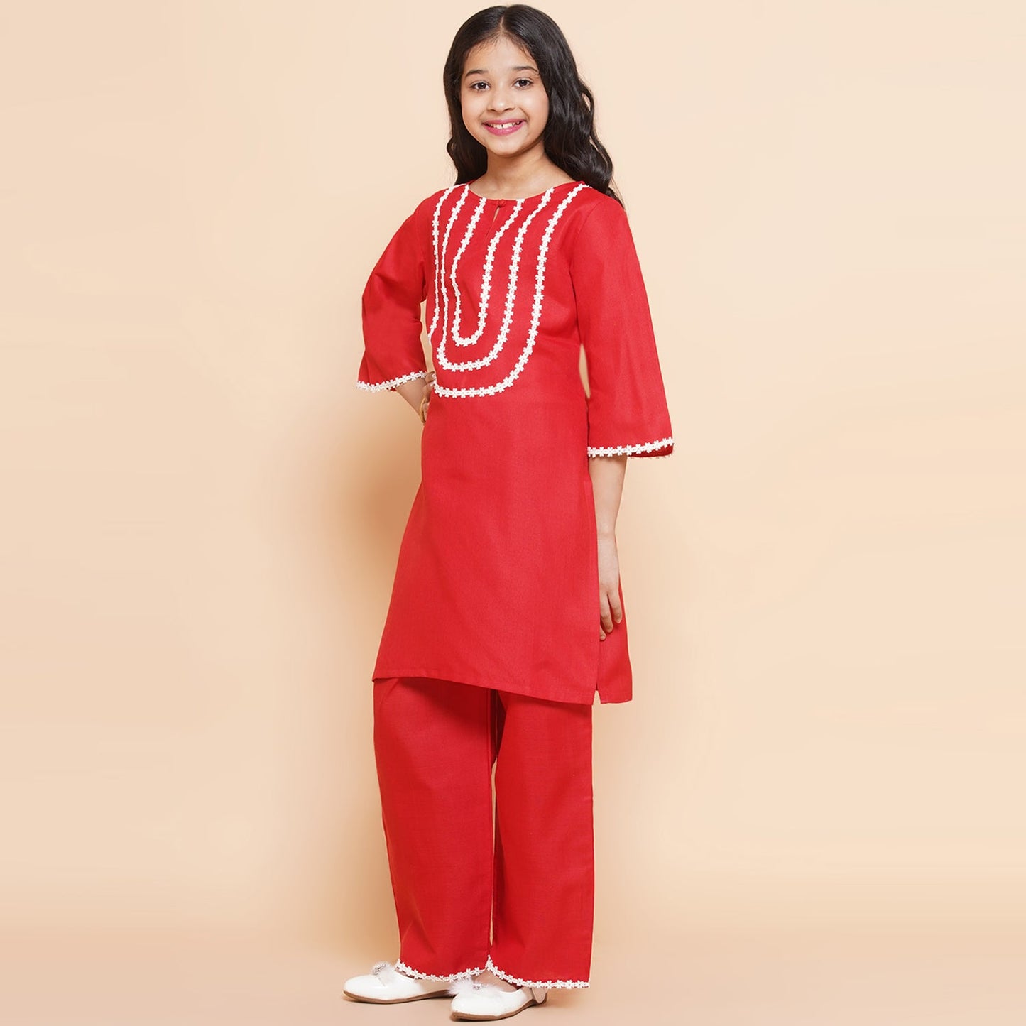 Girls Solid Straight Kurta Set(Red)