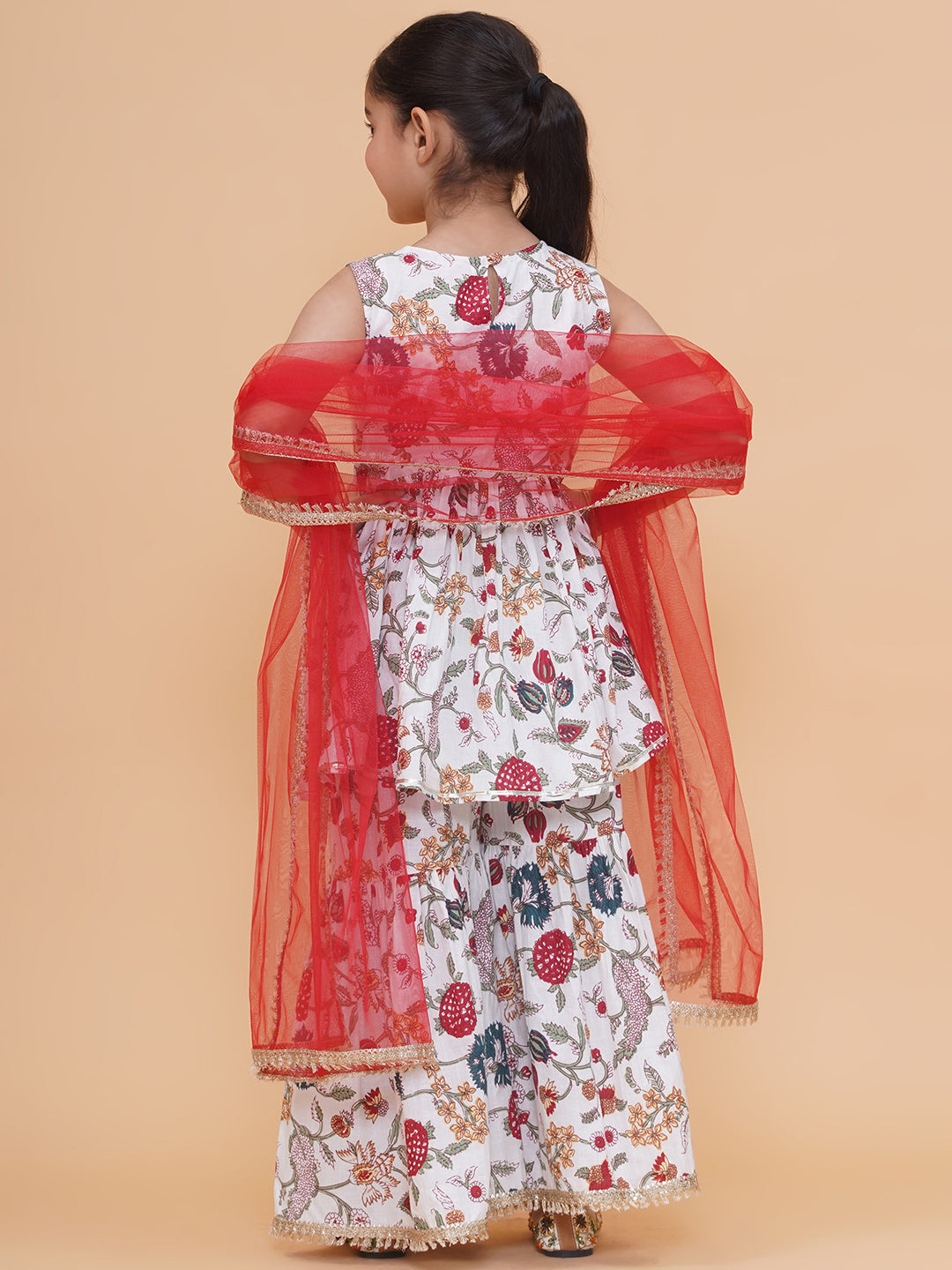 Modish couture Printed Kurta & Sharara with Dupatta (White&Red)