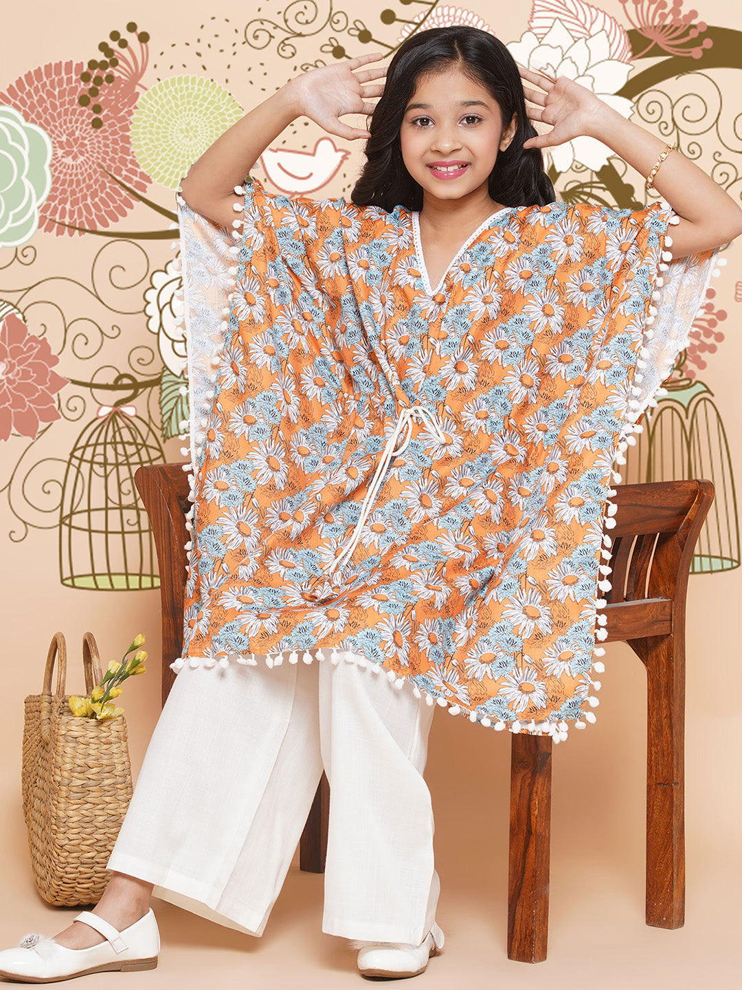 MODISH COUTURE Kid's Girl Stylish Fashionable Floral Print Kaftaan With Palazzo Set(Mustard)