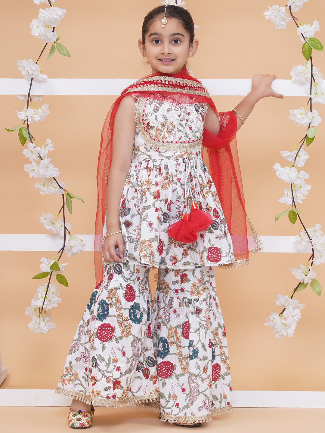 Modish couture Printed Kurta & Sharara with Dupatta (White&Red)