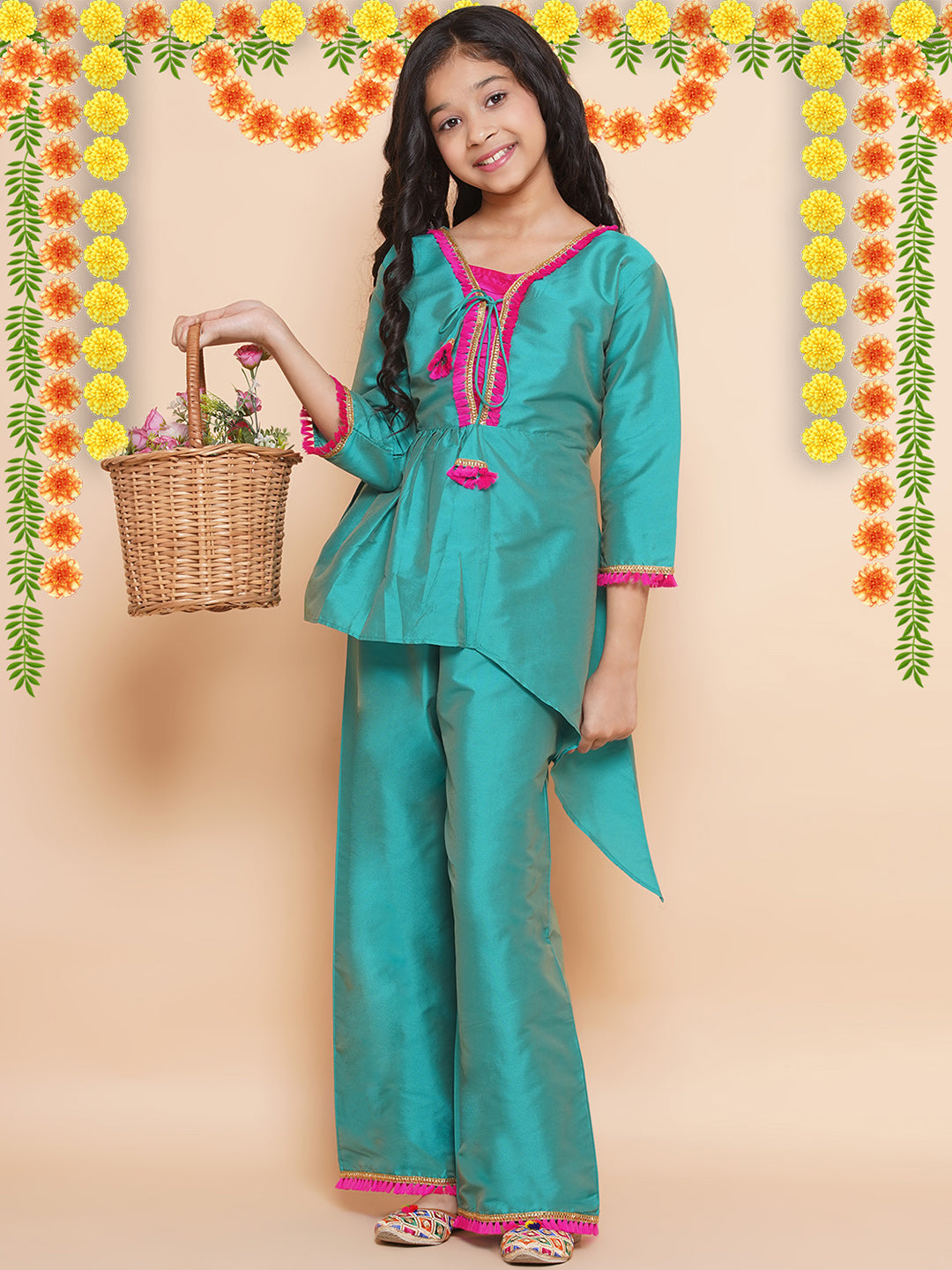 MODISH COUTURE Self Design Kurta & Top With Palazzo Set(Rama Green)