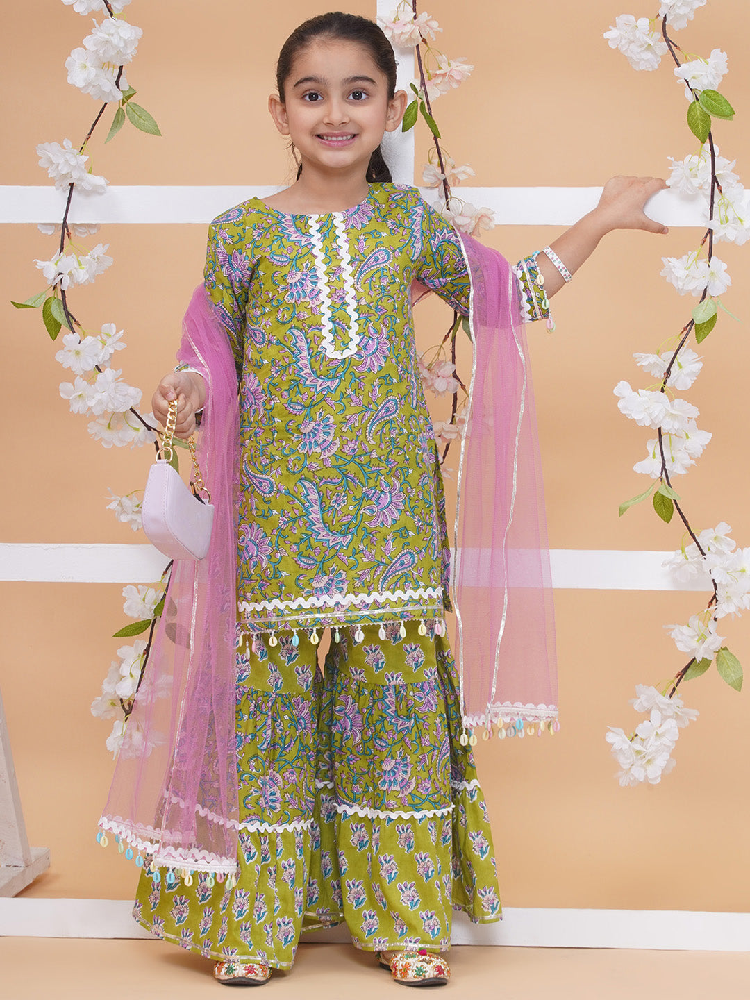 Modish couture Printed Kurta & Sharara with Dupatta (GREEN)