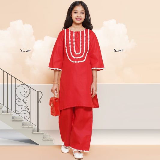 Girls Solid Straight Kurta Set(Red)