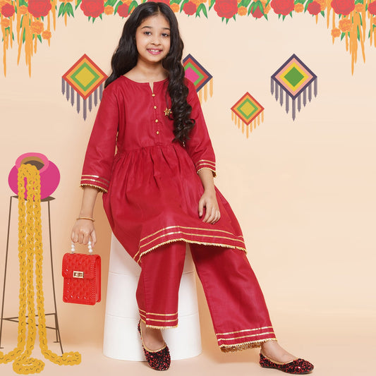 Girls Pleated Anarkali Kurta Set(Mehroon)