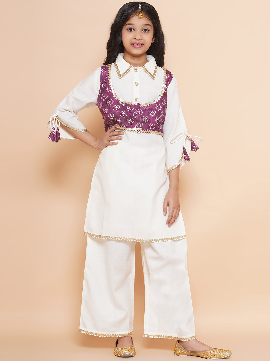 MODISH COUTURE Self Design Kurta & Palazzo Set With Jacket(Off white &Purple)