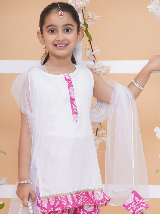 Modish couture Printed Kurta & Sharara with Dupatta (White)