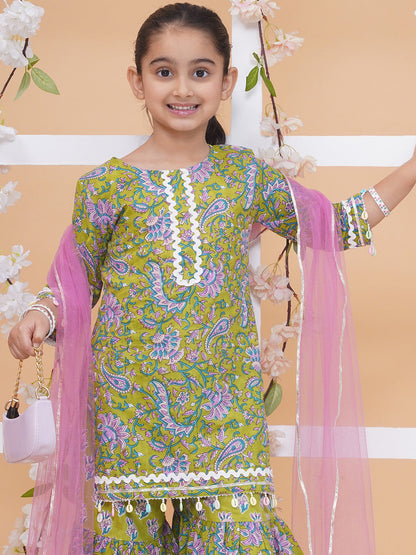 Modish couture Printed Kurta & Sharara with Dupatta (GREEN)