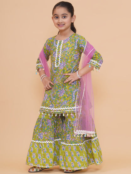 Modish couture Printed Kurta & Sharara with Dupatta (GREEN)