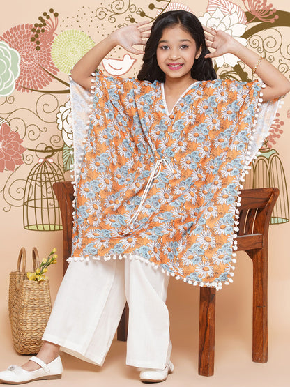 MODISH COUTURE Kid's Girl Stylish Fashionable Floral Print Kaftaan With Palazzo Set(Mustard)