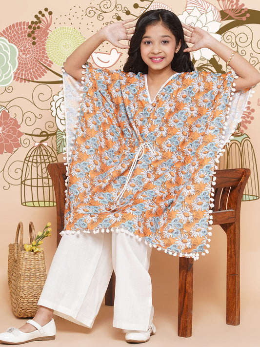 MODISH COUTURE Kid's Girl Stylish Fashionable Floral Print Kaftaan With Palazzo Set(Mustard)