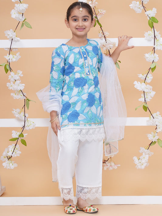 Modish couture Printed Kurta & Plazzo with Dupatta (SKYBLUE & WHITE)