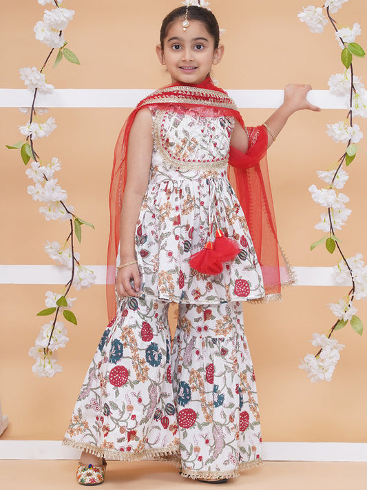 Modish couture Printed Kurta & Sharara with Dupatta (White&Red)