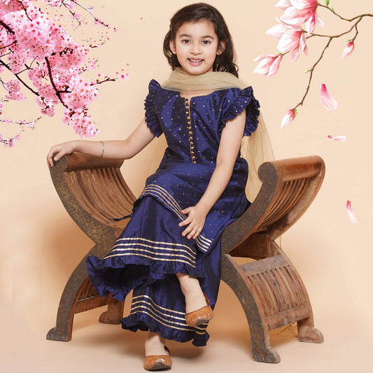 MODISH COUTURE Girls Fashionable Printed Kurta & Palazzo Set With Dupatta (Navy Blue)