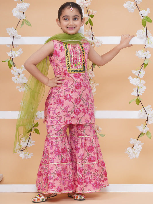Modish couture Printed Kurta & Sharara with Dupatta (Peach)