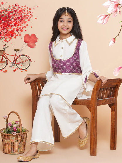 MODISH COUTURE Self Design Kurta & Palazzo Set With Jacket(Off white &Purple)