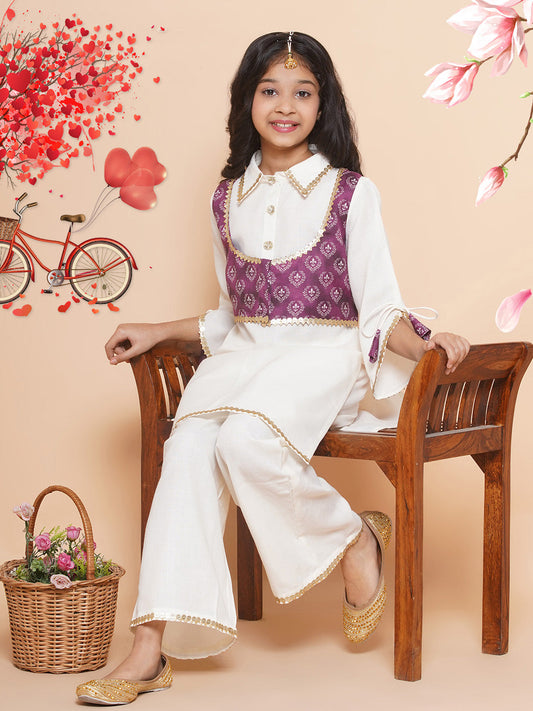 MODISH COUTURE Self Design Kurta & Palazzo Set With Jacket(Off white &Purple)