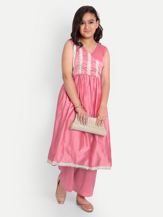 MODISH COUTURE Mirror Work Angrakha Kurta & Plazzo (Pink)