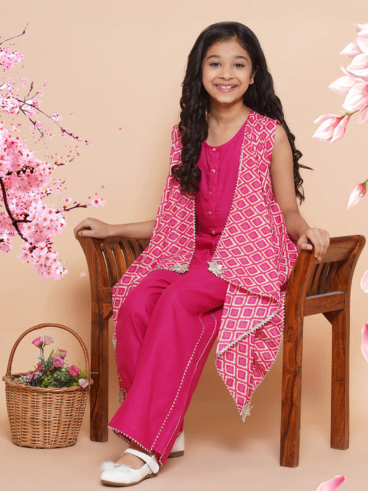 MODISH COUTURE Top & Palazzo Set With Printed Jacket(Pink)