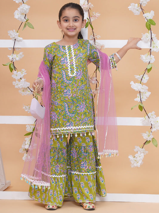 Modish couture Printed Kurta & Sharara with Dupatta (GREEN)