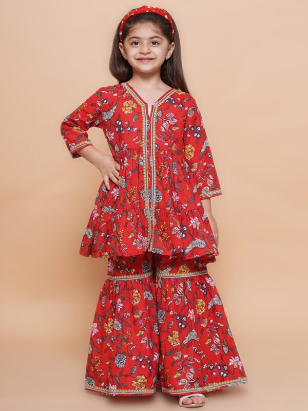 Girls Red Ethnic Floral Kurta Set